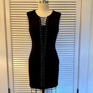 BEBE BLACK SLEEVELESS BODYCON DRESS WITH LACE UP DETAIL. SIZE MEDIUM. EUC